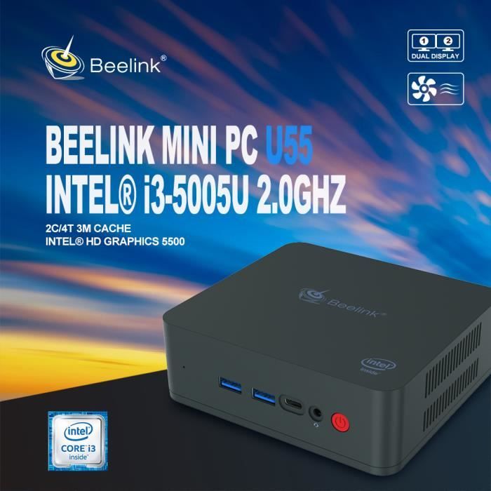 Vente Ordinateur de bureau Mini PC Beelink U55 Unité central Intel Core I3-5005U/Intel HD Graphics 5500/2.4G+5.8G WiFi/BT4.0/Windows10 64 Bit 8GB RAM+256GB SSD pas cher