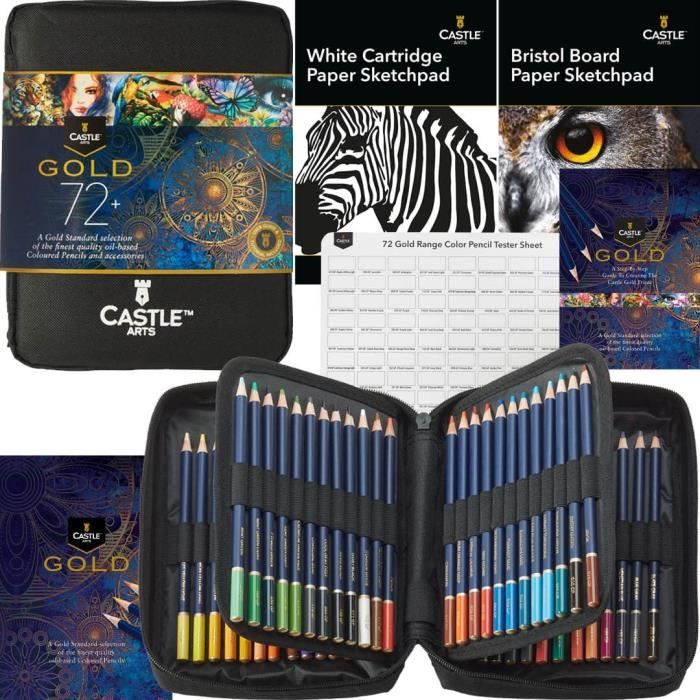 Castle Art Supplies Set de 72 Crayons de Couleur avec Pièces Bonus Mines Colorées Plus Nettes et