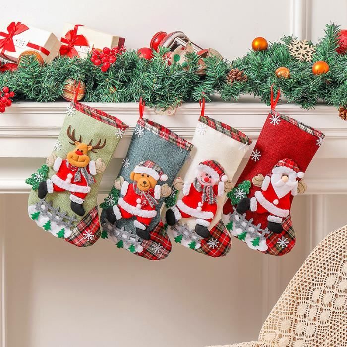 Lot De 4 Chaussettes De Noël à Suspendre - Motifs Père Noël, Renne, Bonhomme De Neige - Décoration Festive (25x12 Cm)