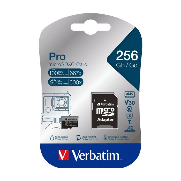 Carte mémoire flash Verbatim PRO U3 - 256 Go - microSDXC UHS-I - A2 / UHS-I U3 / Class10