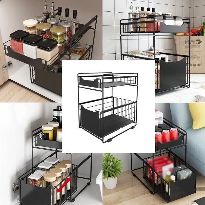 Willonin® Étagère à Épices avec 2 tiroirs Meuble sous évier pour rangement de cuisine Noir Support de salon 37.4 x 26.5 x 44 cm