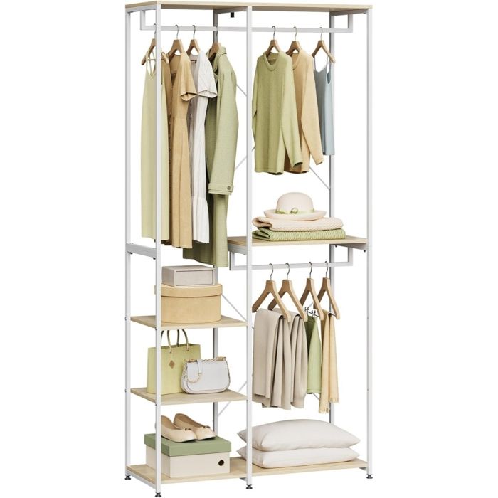 WOLTU Porte-Manteau vestiaire - Métal et bois - Blanc+Chêne Clair - 90 x 40 x 204 5 cm WOLTU Porte-Manteau vestiaire - Métal et bois - Blanc+Chêne Clair - 90 x 40 x 204 5 cm