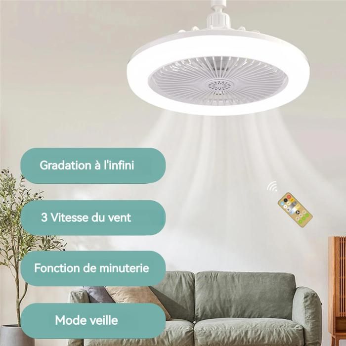 Fangfhai Plafonnier Ventilateur Avec Lumière E27 - 3 Vitesses + Télécommande Pour Maison Et Cuisine