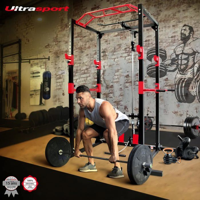 ISE Cage De Musculation Power Rack – Acier, Barre De Traction, Dips, Multi-prises – 119x114x214 Cm