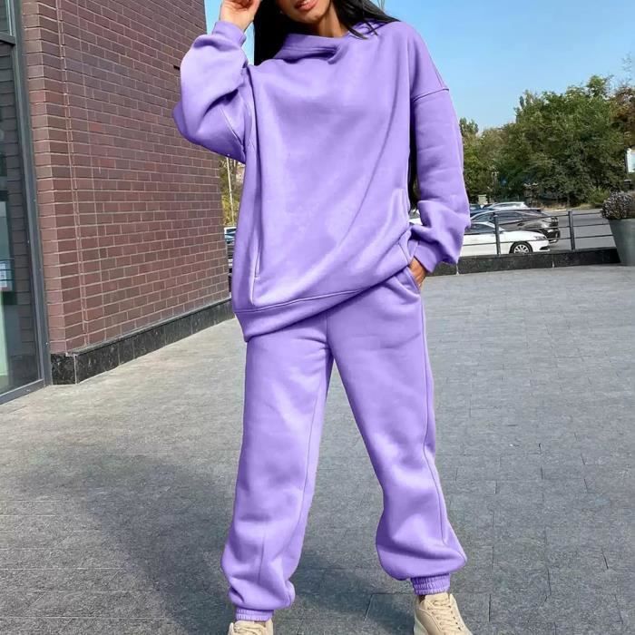 2pcs ensemble de survtement femmes sweat shirt manches longues capuche couleur unie pantalon de jogging Survtement violet Violet Cdiscount Pret a Porter
