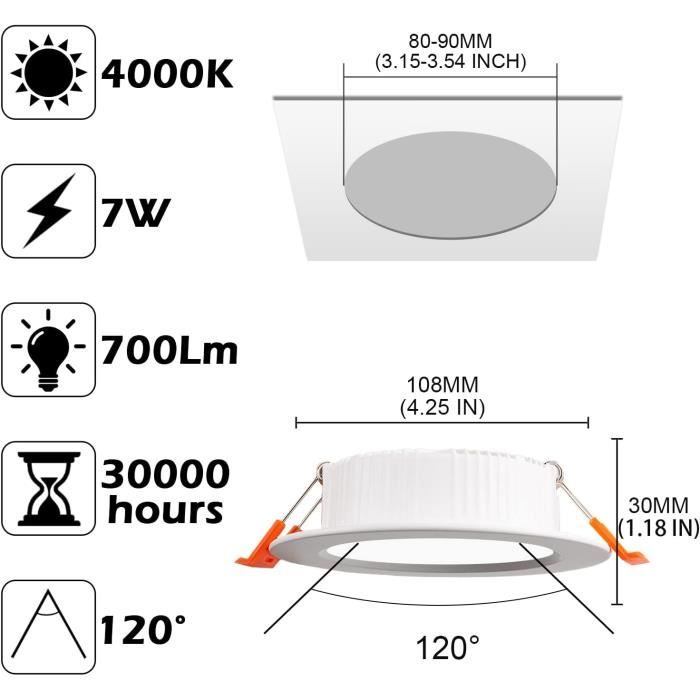 Ordilend Spot Encastrable LED Extra Plat, 7W 700 lumens Plafonnier Encastrable, Spots Led Blanc Froid 230V 6000K Equivalent à 70W Incandescent, Métal Rond Aluminium, pour Salle de Bain,Salon,Lot de 6