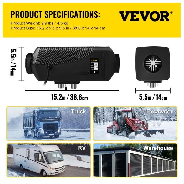 VEVOR 8KW Chauffage Diesel Tout-en-Un Portable 12V Réchauffeur Air Diesel  20-25m² Contrôle LCD Télécommande pour RV Auto Sans Installation Intérieur