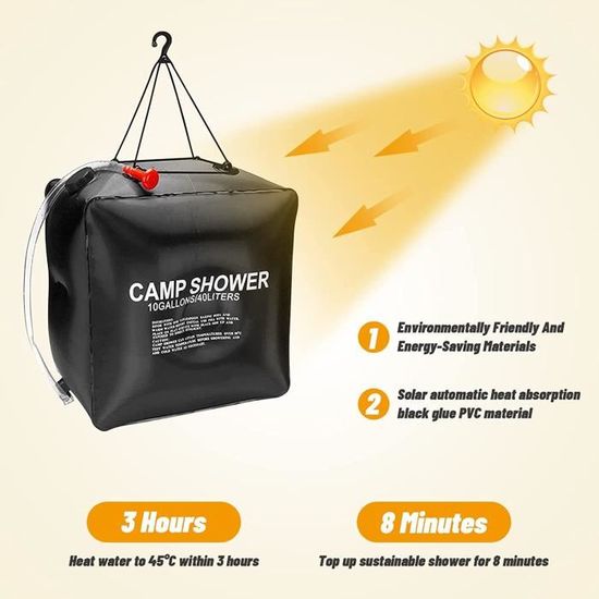 Sac Douche Solaire Camping 40L - Portable, Avec Pommeau Et Corde - Chauffe à 45°C Au Soleil