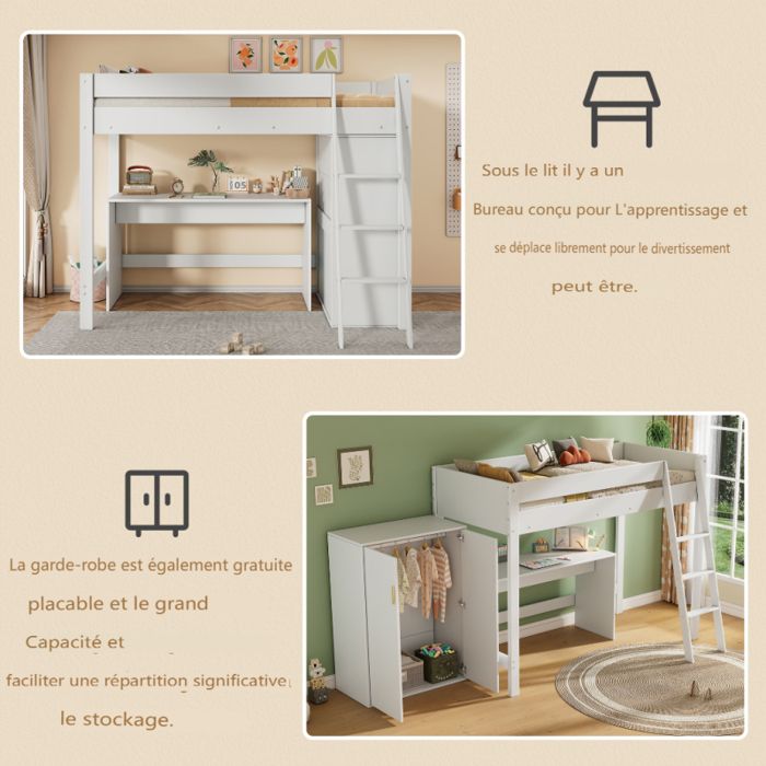 Lit Mezzanine Adulte En Bois Massif 90x200 Cm - Blanc - Avec Porte Sécurité Fenêtrée, Rangements Intégrés Et échelle Réversible - Charge Max 120 Kg