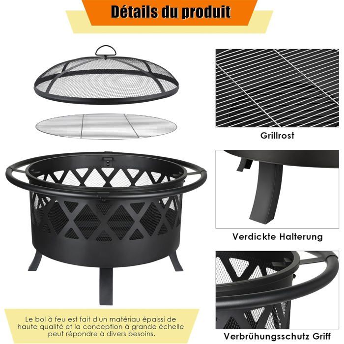Brasero Barbecue Jardin 81 Cm – Foyer Extérieur Multifonction Avec Grille & Pare-Étincelles – Chauffage & Grillade