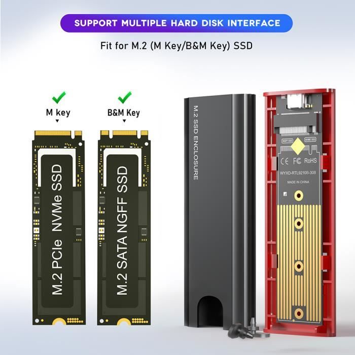 Boîtier SSD M.2 Nvme 20Gbps USB 3.2 Gen 2 pour SSD 12 + 16 Broches