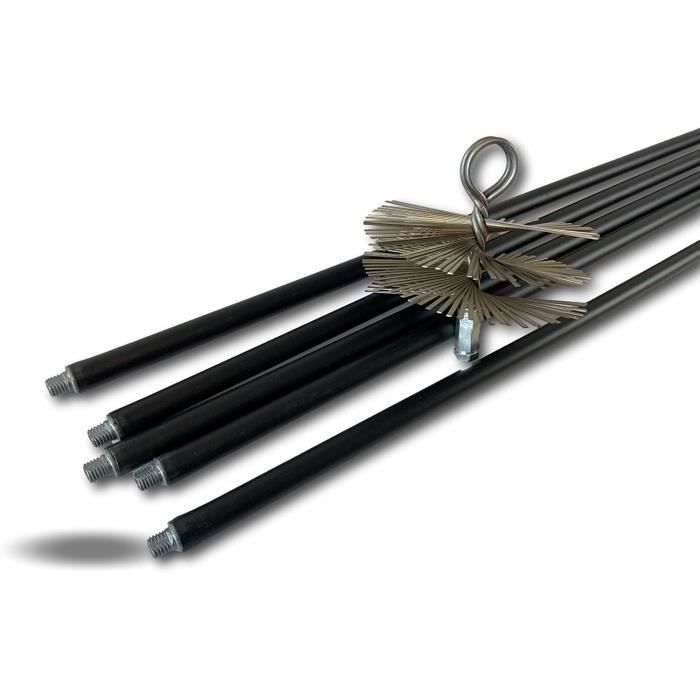 Kit de ramonage classique conduits gainés, Hérisson rond synthétique, Diamètre 150 mm, 9 cannes noires Ø 17 mm creuses, 9 * 1,4 m, Cheminées