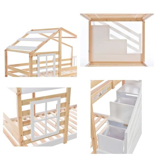 Lit Mezzanine Enfant 90x200cm - Cadre Pin Massif, Blanc - Hauteur 118cm, Charge Max 120kg - Sécurité Barrières