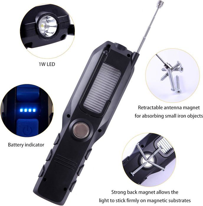 Baladeuse LED Rechargeable 3 En 1 - Lampe De Travail Aimantée COB 280 Lumens Avec Crochet Et Câble USB