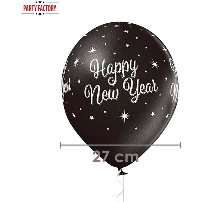 BALLON LATEX GLITTER HAPPY NEW YEAR ASSORTIMENT BLANC/NOIR 8
