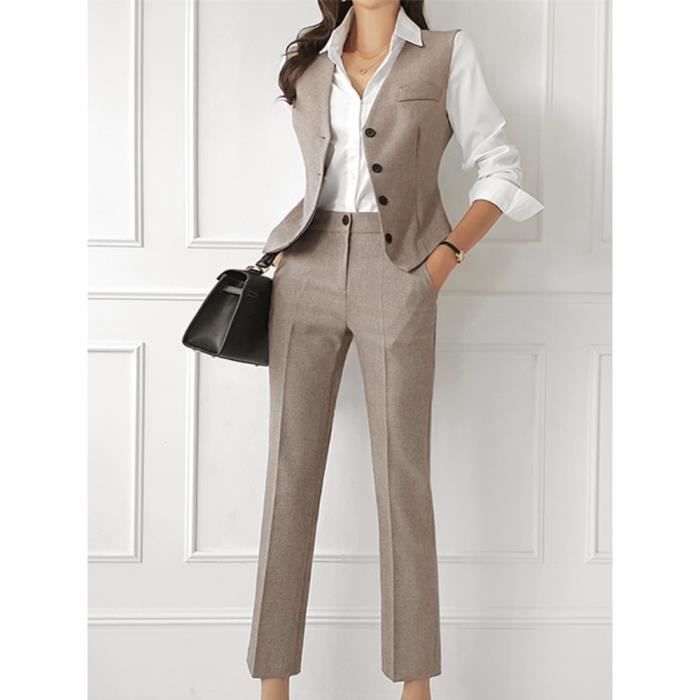 Ensemble de vetements Blazer a manches longues pour femmes 3 pieces mode coreenne Vintage vestes gilet et pantalon khaki B6219 Blanc Cdiscount Pret a Porter