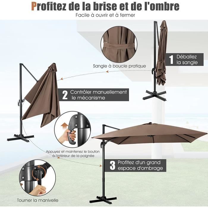 Parasol Déporté Relax4Life 2.5x2.5m - Inclinable 5 Positions, Rotatif 360° - Toile Polyester Anti-UV