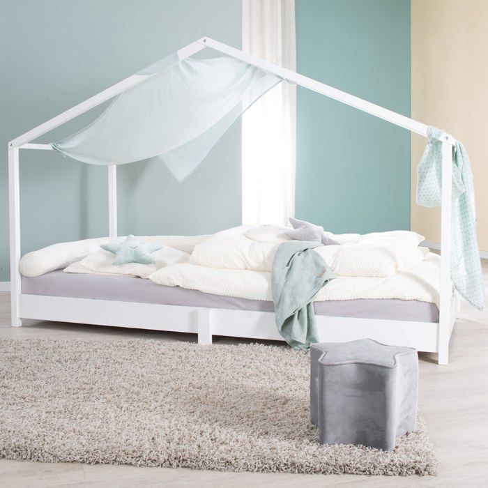 Roba Lit Cabane Montessori 70x140 Cm - Lit Au Sol Avec Sommier à Lattes, Bois Laqué Blanc, Évolutif Avec Housse, Idéal Chambre Enfant Bébé Tout-Petit