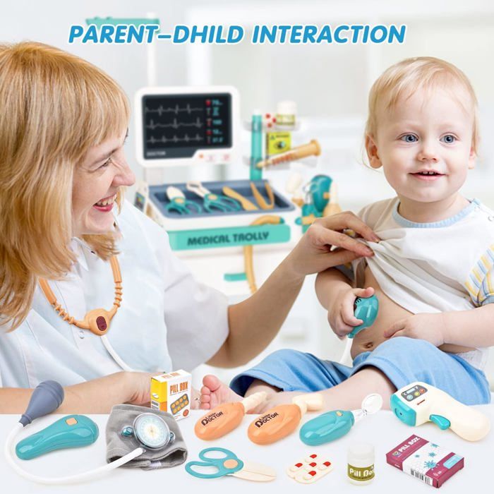 Mallette Docteur Avec Chariot – 32 Pièces – Stéthoscope, Thermomètre, Seringue – Jeu D'imitation Médical – Cadeau Fille Garçon 3-7 Ans