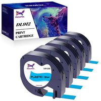 5x HALOFOX Compatible pour Dymo LetraTag Ruban Plastique 91205, 12mm x 4 m,pour Dymo LetraTag LT-100H,  noir sur bleu