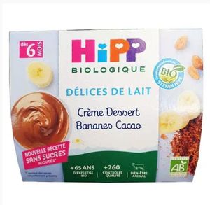 DESSERT LACTÉ Hipp Bio Délices de Lait Coupelle Crème Dessert Banane Cacao +6m 4 x 100g