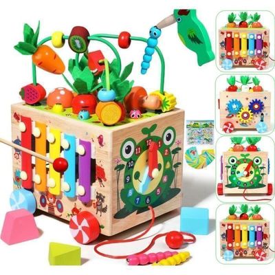 ALFFREUDE Cube D’activité 6-en-1 – Jouet Montessori 1-3 Ans – 8,5 Cm – Couleur Vert – Motricité Fine