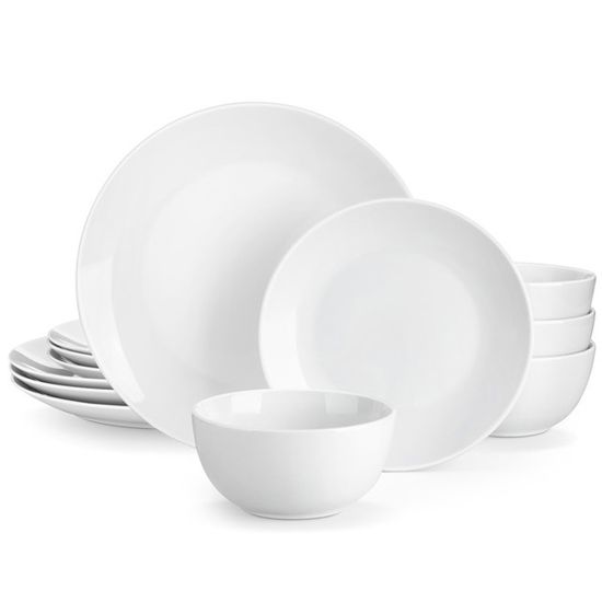 Service De Vaisselle 16 Pièces Pour 4 Personnes - Assiettes Et Bols Gris, Motif Fil, Porcelaine, Passe Au Micro-ondes Et Lave-vaisselle