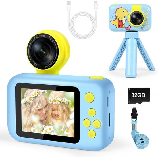Appareil Photo Numérique Enfant ARNSSIEN – Écran 2,4 Pouces, Objectif Pivotant 180°, 32 Go, Musique Et Jeux – Cadeau Idéal Pour Filles Et Garçons De 3 à 12 Ans