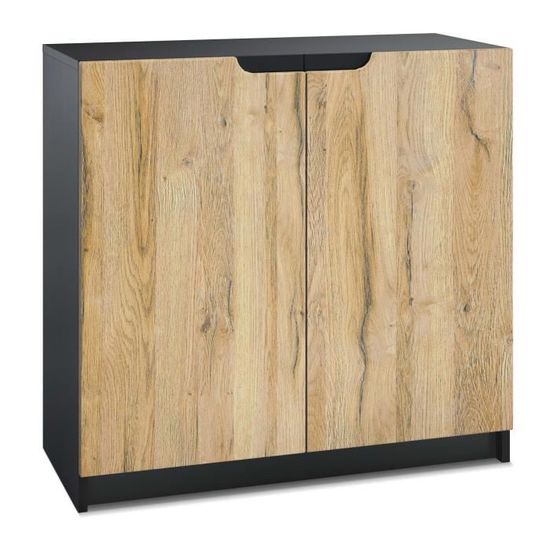 Vladon Commode Armoire de bureau Rangement Logan Corps en Noir mat Façades en Chêne Nature