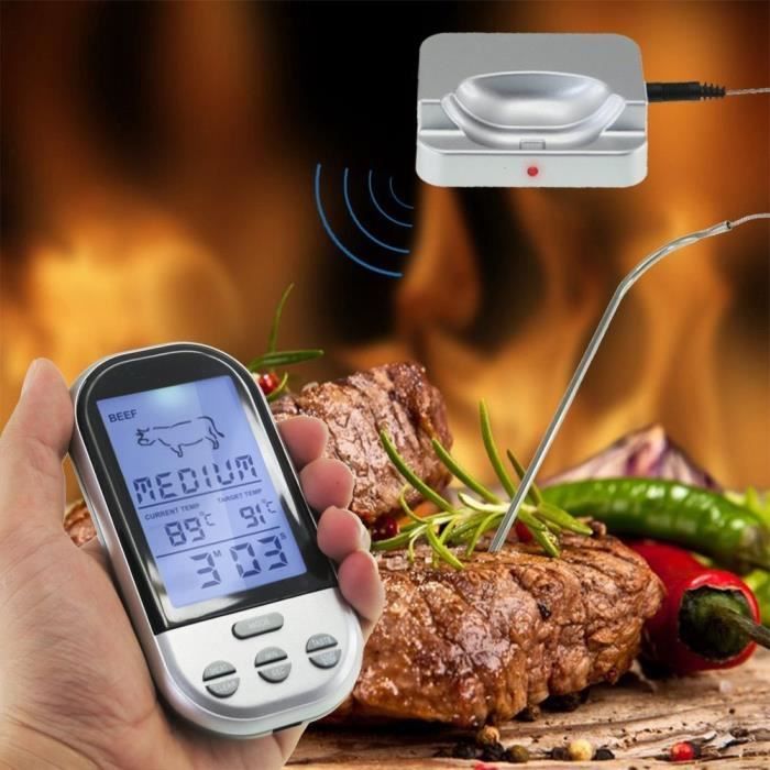 Thermomètre de nourriture de viande BBQ avec minuterie intégrée Longue portée de sonde en acier inoxydable sans fil et numérique