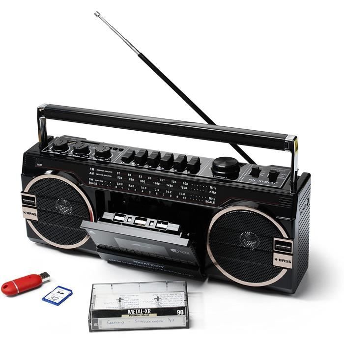 Ricatech PR 1980 Ghetto Blaster Boombox, Lecteur de Cassettes, Radio à 3 fréquences AM/FM/SW, Deux haut-parleurs X-Bass de 8 watts,