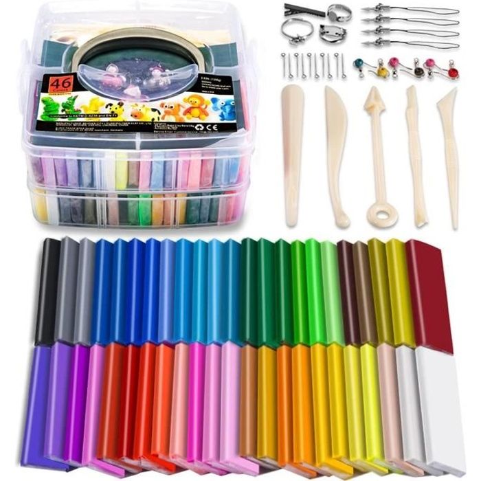 Pâte à modeler QMAY Pâte Polymère -46 Couleurs Safe et Non Toxique Pâte Polymère, DIY Clay Kit avec Outils de modélisati 56596