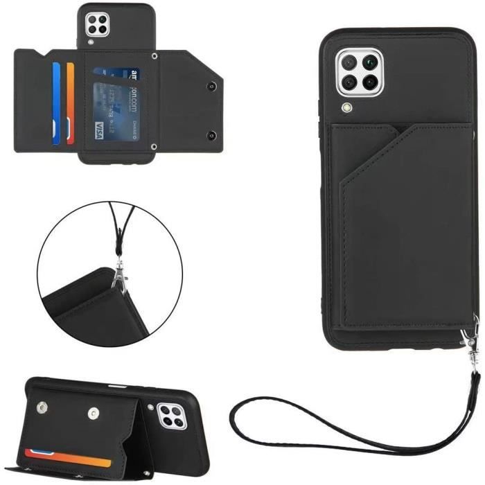 Coque Huawei P40 Lite [Protecteur D'écran] avec Porte Cartes et Fonction Stand PU Cuir Wallet Flip Cover Souple SiliconNoir