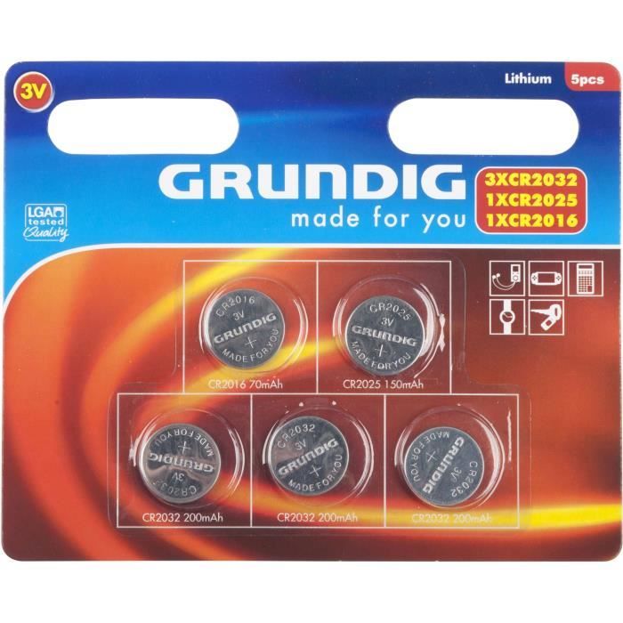 GRUNDIG Pile Bouton CR2016 + CR2025 + 3 x CR2 - 3 V - Pack de 5 Piles Assorties