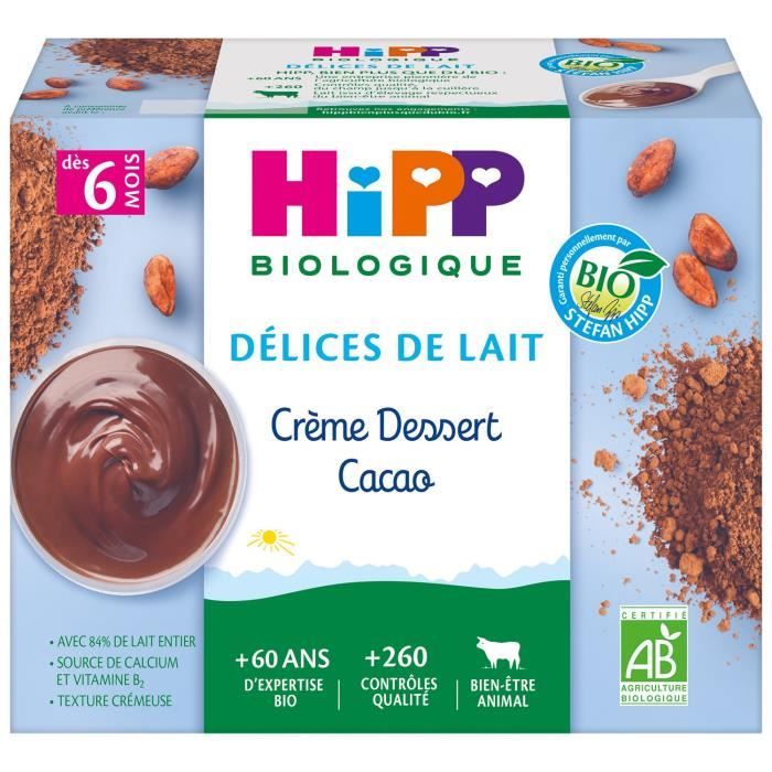 HIPP BIOLOGIQUE Délices de lait Crème dessert cacao - 4x100 g - Dès 6 mois