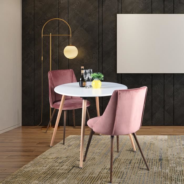 HOMY CASA Ensemble table à manger ronde 80 x 80 cm en MDF blanc et lot de 2 chaises en velours rose
