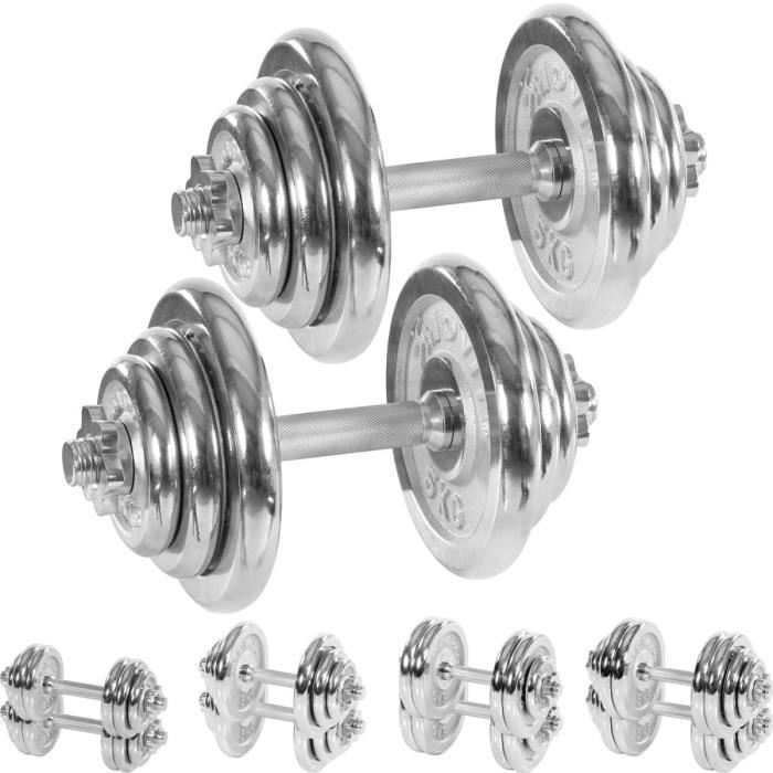 MOVIT Set d'haltères complet chromé 40 kg: 2x haltère avec vis de serrage tête étoile et 12 disques (4 x 5,0 kg + 4 x 2,5 kg + 4 x 1