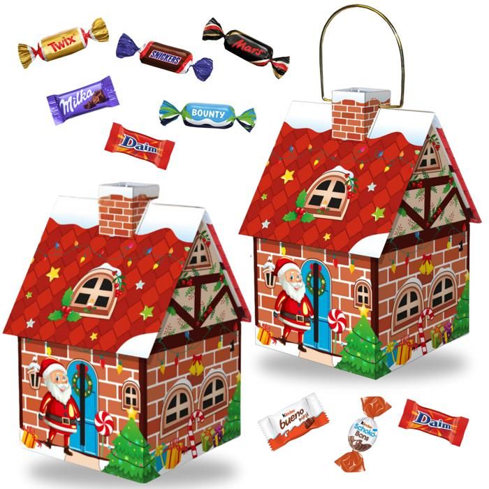2 maisonnettes garnies de 25 chocolats Milka et sujets de Noël