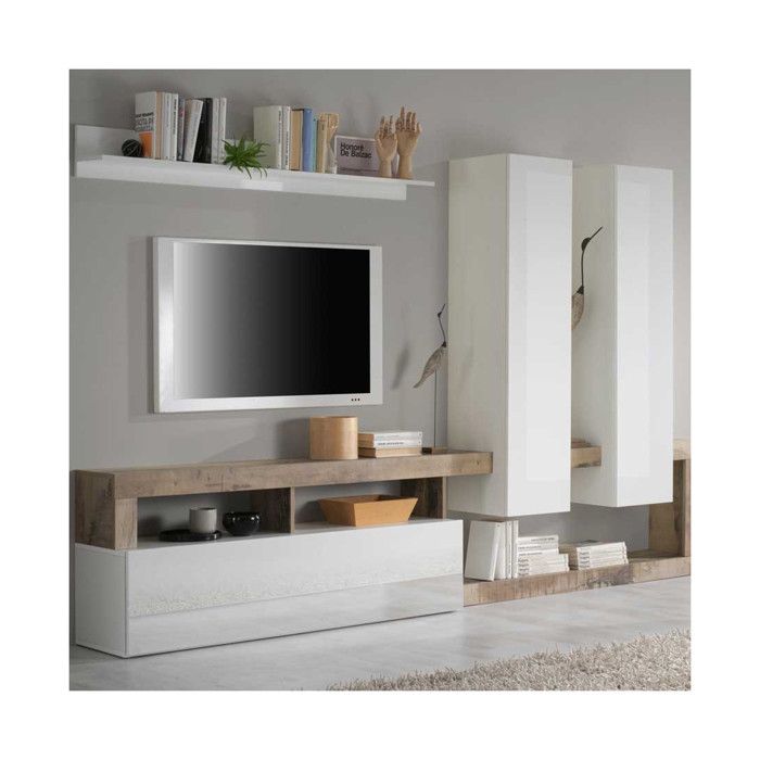 Composition TV 2 colonnes Blanc laqué brillant/Bois fumé - ISCHIA - L 277 x l 35 x H 173