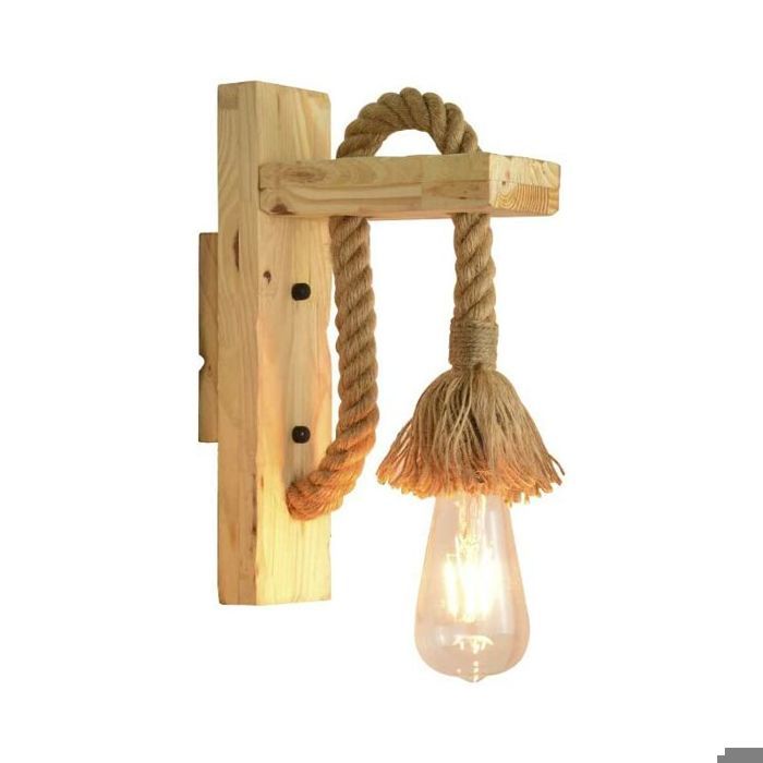 Applique style rétro corde de chanvre bois applique dintérieur E27 Edison ampoule chaude incluse