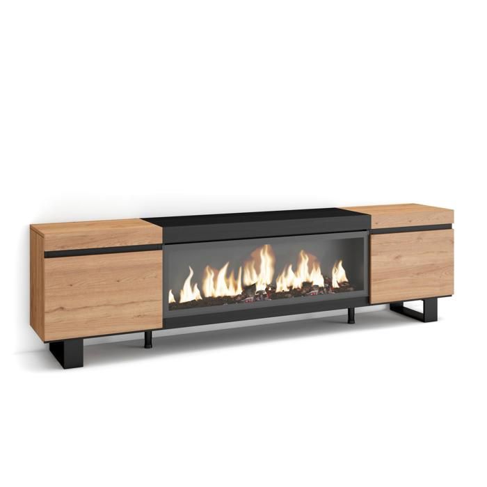Meuble TV Banc Télé 210 Pour les TV jusquà 80 Cheminée électrique XXL Design industriel Beige et noir RF3268 Meuble TV Banc Télé 210 Pour les TV jusquà 80 Cheminée électrique XXL Design industriel Beige et noir RF3268