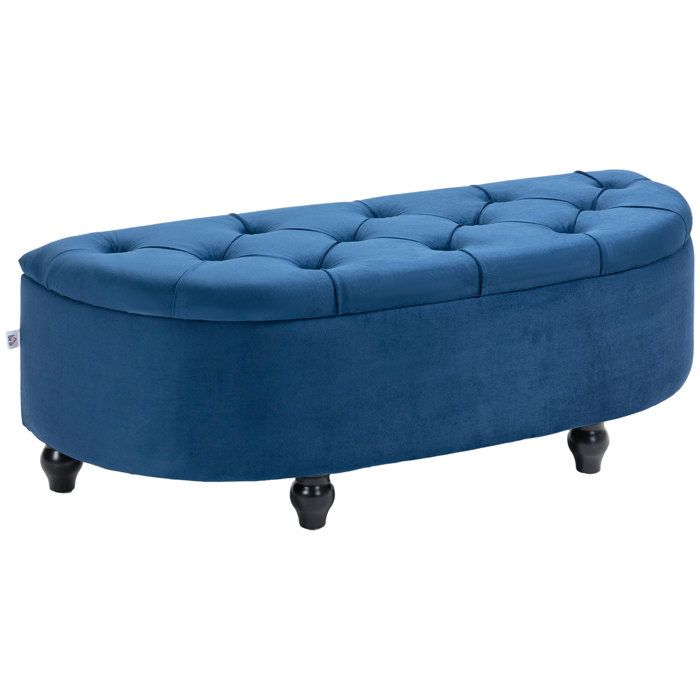 Pouf de Rangement HOMCOM Coffre 2 en 1 - Pouf capitonné Demi-Cercle - Pieds Bois hévéa Noir revêtement Velours Bleu