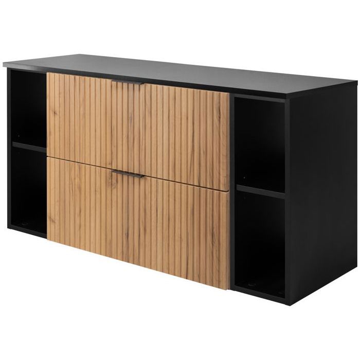 Meuble de Salle de Bain Suspendu Sous Vasque avec 2 Étagères Extensions et Plan FLOW – Chêne/Noir – 120 cm
