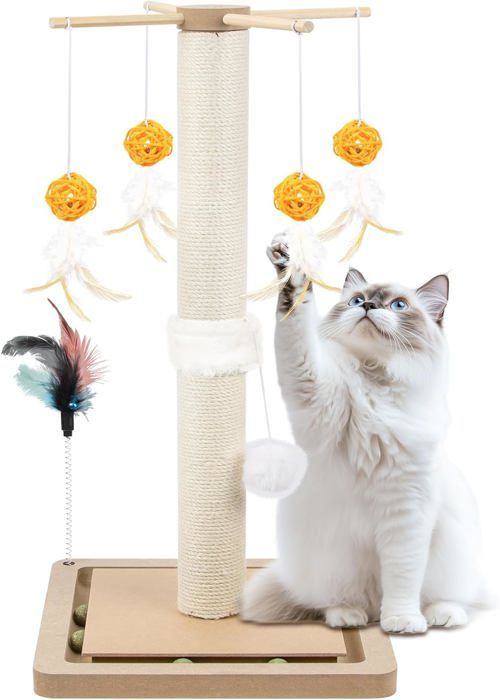 Meilleurs prix pour Arbre À Chat En Bois,Griffoir Pour Chat Poteau Avec Balle Suspendue Et Poteau,Poteau En Sisal,Avec Pompon,63X30X30Cm