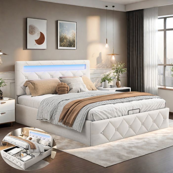 Lit coffre rangement 140x200cm Tête de lit réglable avec LED lit double capitonné en velours beige Sommier à lattes