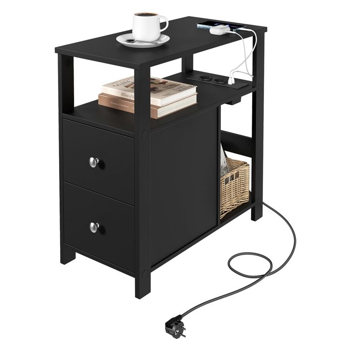 Table dAppoint avec Prise Intégrée - WOLTU Chevet Étroite avec 2 Tiroirs - 60x30x60cm - Noir W0ATT0862
