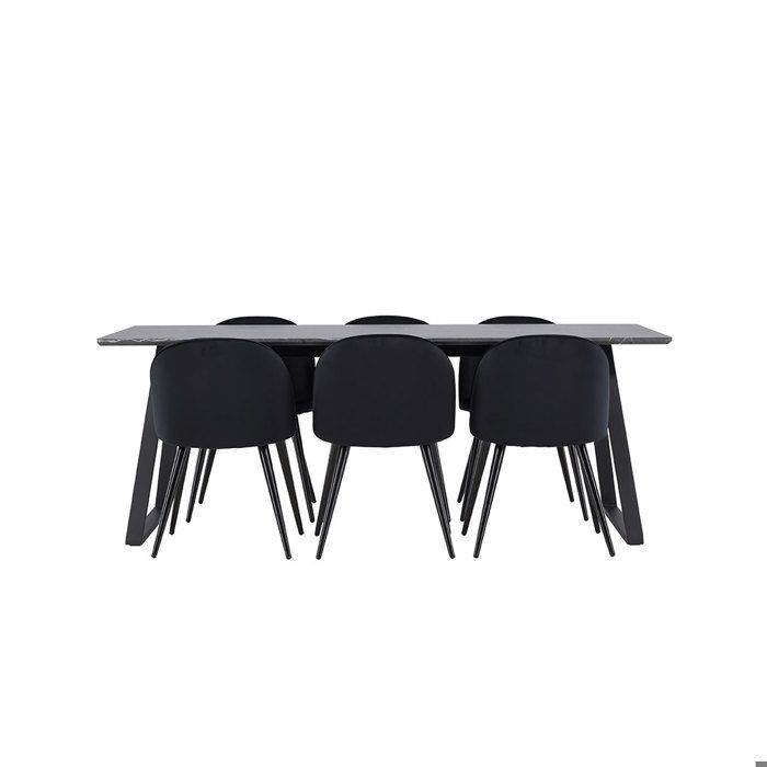 Malaga ensemble pour salle à manger table de salle à manger 90x200cm gris foncé et 6 Skagen chaise velours noir.
