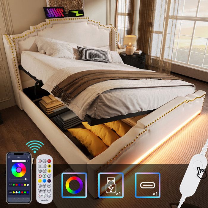 Lit Double 160x200 Cm Avec Rangement Et LED - Tête De Lit Velours Capitonné, Sommier à Lattes, Coffre à Gaz - Couleur Beige - Pour Chambre Adulte Ou Adolescent