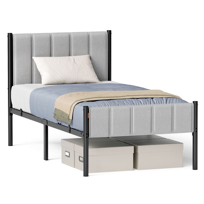 VASAGLE Cadre de Lit Simple 90 x 190 cm avec Tête de Lit Rembourrée en Acier Supporte Jusquà 250 kg Gris Tourterelle