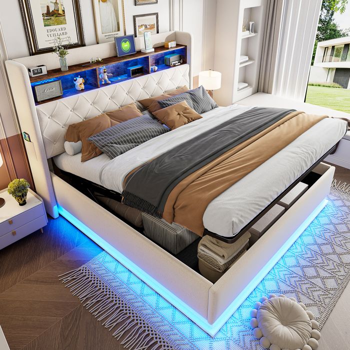 Lit double coffre capitonné 180x200 cm - Avec éclairage LED - Avec USB - Tissu lin - Beige (matelas non inclus) Lit double coffre capitonné 180x200 cm - Avec éclairage LED - Avec USB - Tissu lin - Beige (matelas non inclus)